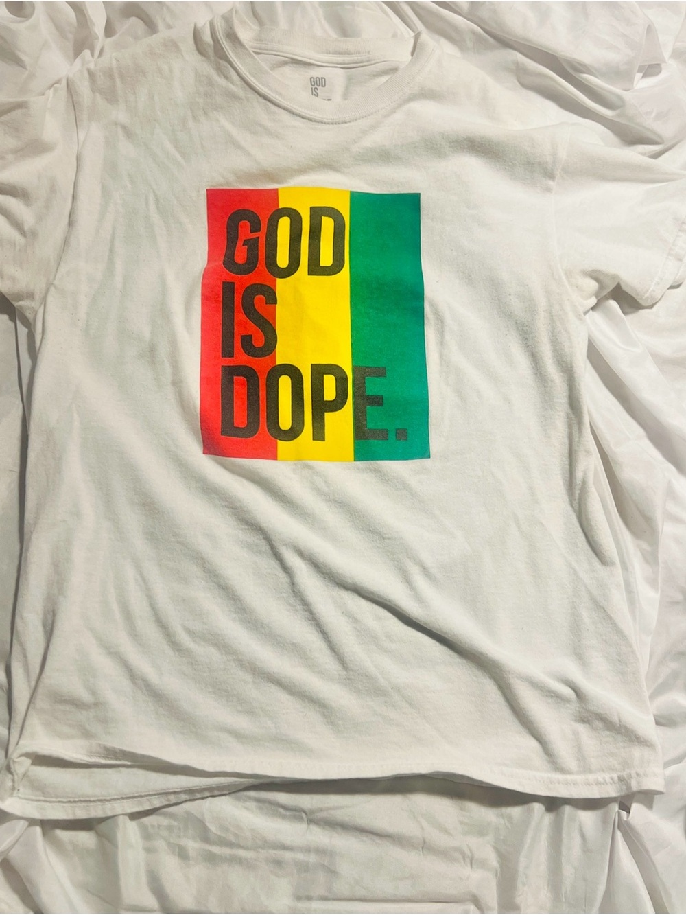 God Is Dope Graphic Tee — White with Red/Yellow/Green Print